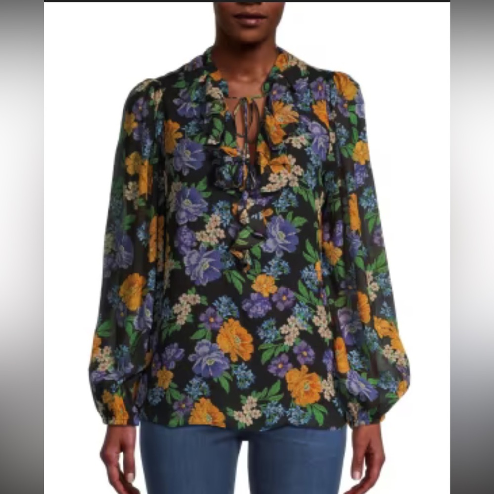 Kobi Halperin Caitlin Floral Ruffle V-Neck Blouse with Orange & Purple Flowers